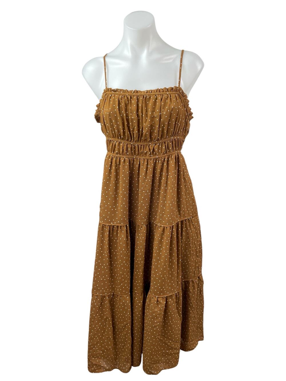 Madewell Sophia Tan Polka Dot Sleeveless Ruffle Cami Tiered Midi Dress Size 2